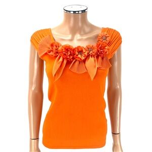 BELLDINI Knit Sleeveless Rosettes Top Women's SIZE SMALL Sorbet Orange Flowers